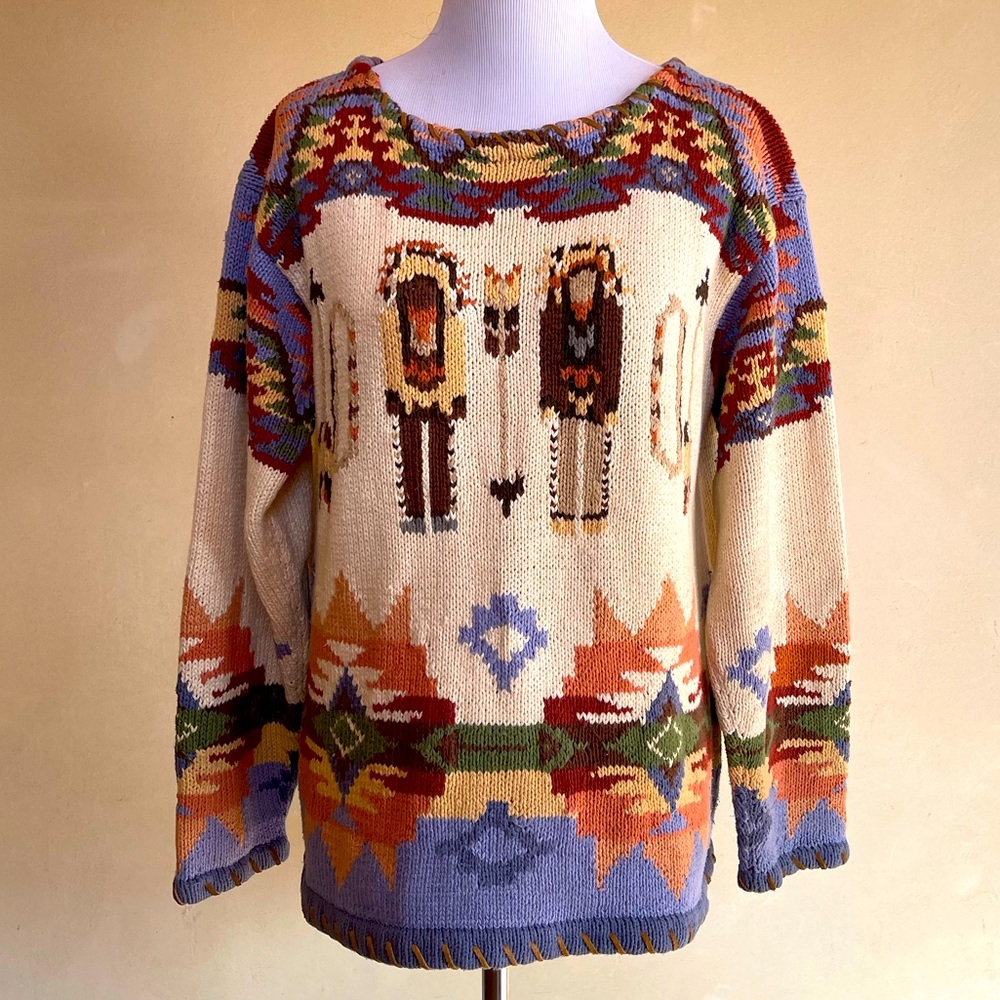 RALPH LAUREN COUNTRY 80’s HandKnit Native American Leather Whip Stitch Sweater M